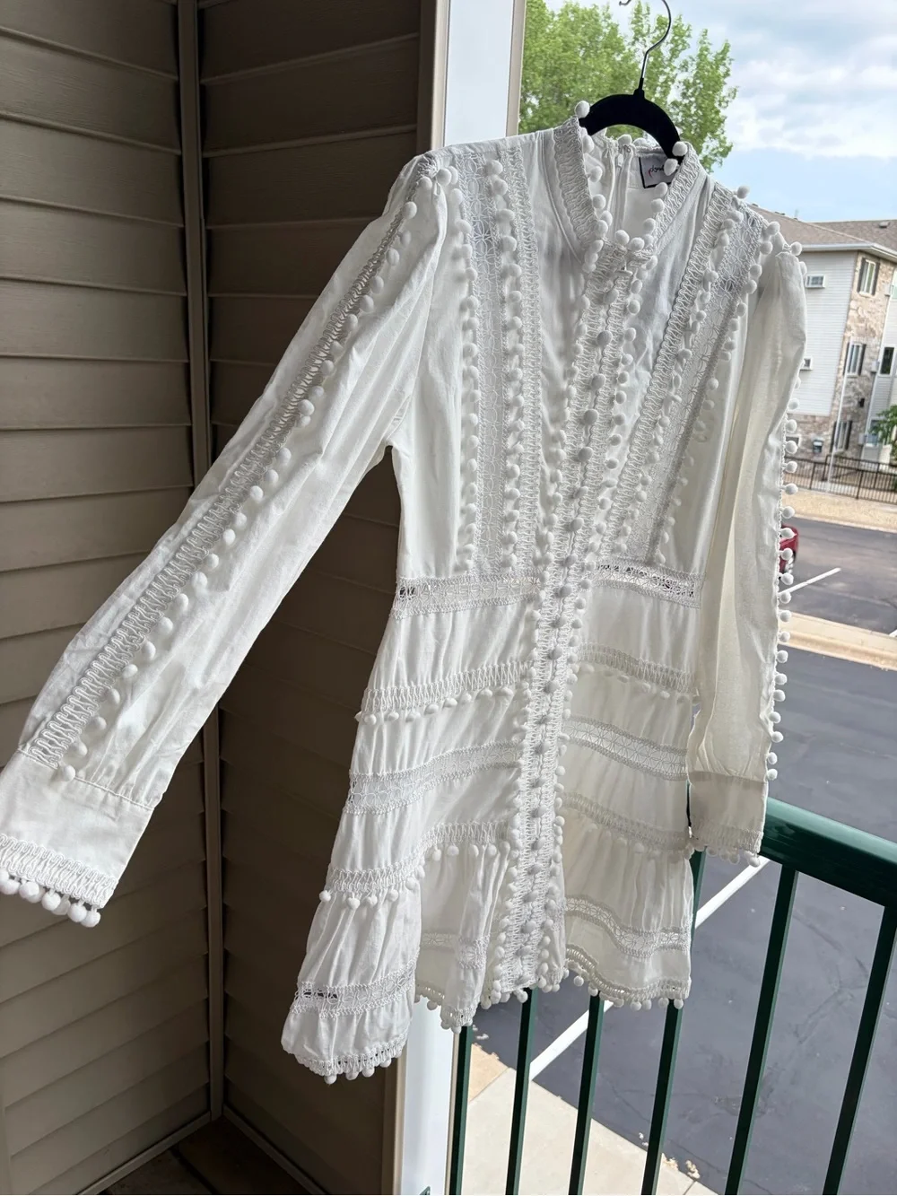 🆕🥥 Layered With Love White Pom Pom Lace Trim Mini Dress XL Boho Cottagecore - Picture 6 of 17